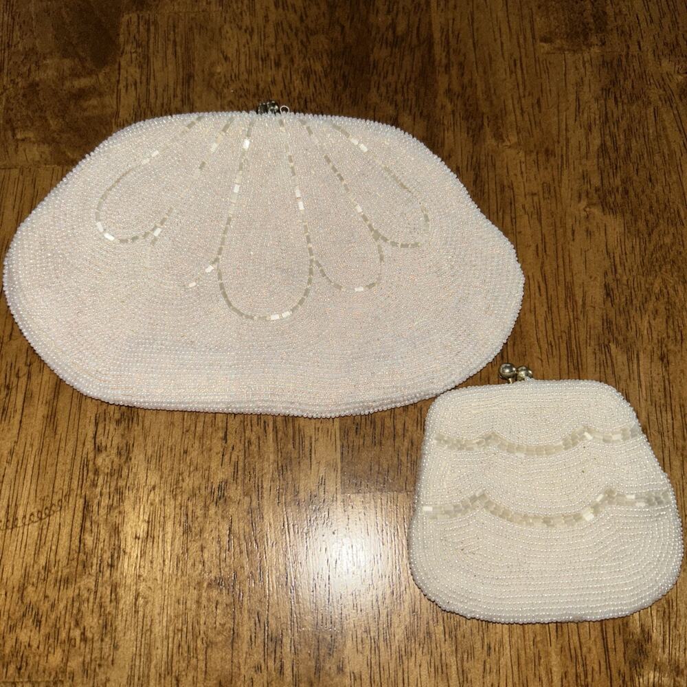 Vintage White Beaded Evening Clutch With Matching Coin Bag Made Japan